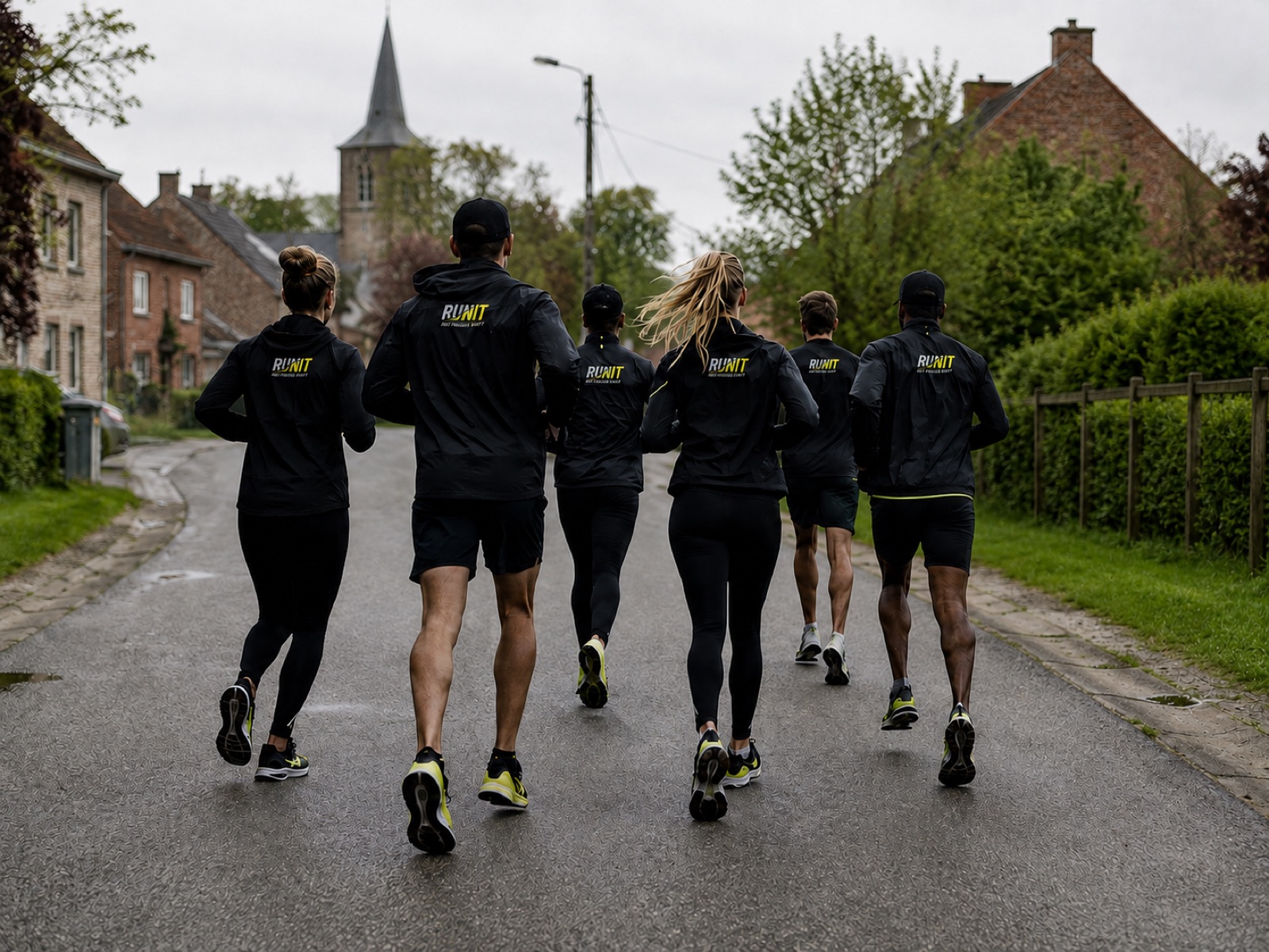 Groep RUNIT-lopers met RUNIT op hun jas onderweg door een dorpsstraat